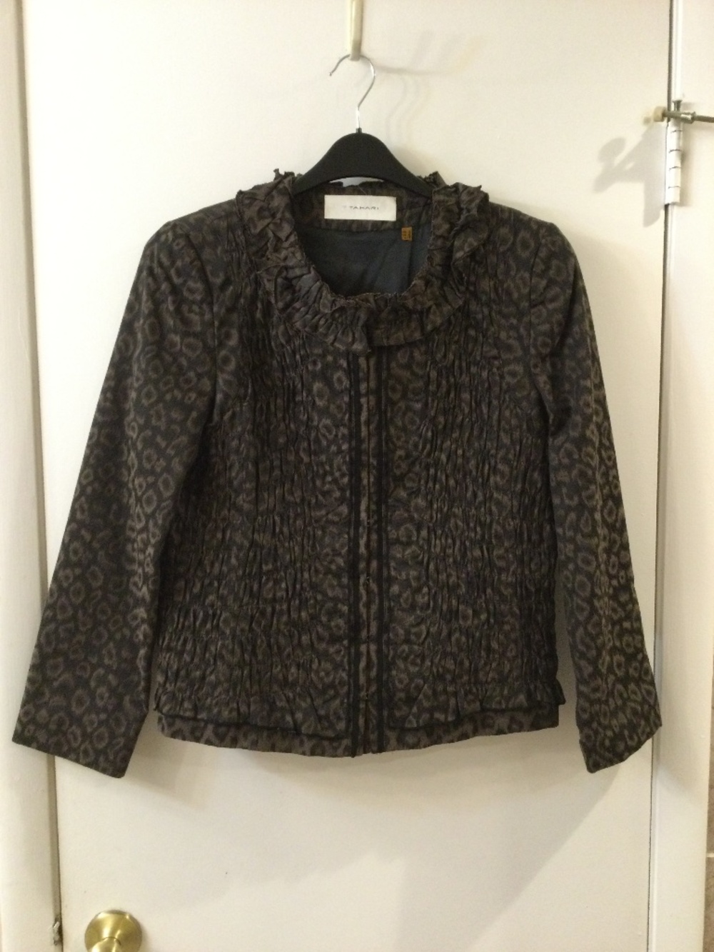 T Tahari Brown / Black Animal Print Ruffled Blazer Sz 14 Hidden Closure Ruched